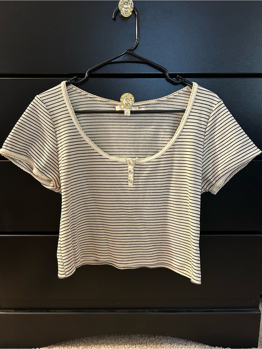 Striped Scoop Neck Henley Crop Top - Cream/Black